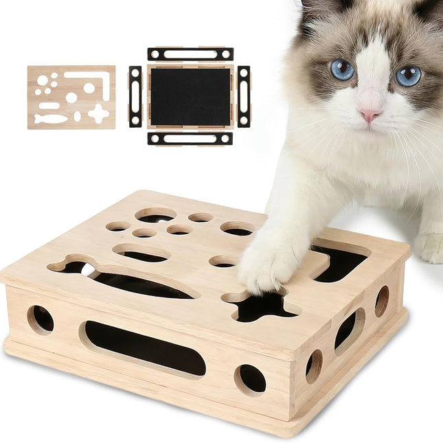 Cat Scratch Puzzle Enrichment Box, Smooth Solid Wood Cat Nail File