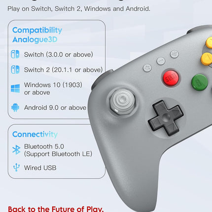 8Bitdo 64 Bluetooth Controller for Analogue 3D, Switch, Switch 2, Windows, Android – Hall Effect Joystick, Vibration, Turbo Function – Gray