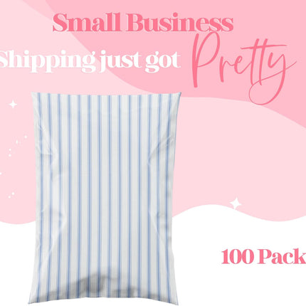 Pretty Package Store 10x13 Designer Poly Mailer 100 Pack Heavy Duty Waterproof Self Seal Shipping Bags for Small Business Large Mailing Envelopes Bulk Tear Resistant Packaging Blue Stripes