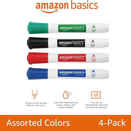 Low-Odor Dry Erase Whiteboard Markers, Chisel Tip, Quick-Dry, Black, Red, Green, Blue, 4-Pack