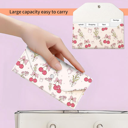 Cash Envelope Wallet, Reusable Budget Money Wallet, Cute PU Leather Money Saving Wallet with 4 Dividers & 1 Sheet Category Stickers Cherry Floral