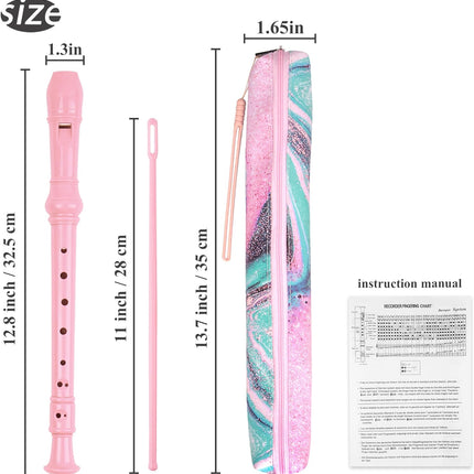Recorder Instrument for Beginner Adults,8-Hole Soprano Descant Recorder Music Flute with Cleaning Rod & Case Bag For Home Entertainment(2-Pink Green Splash-ink)