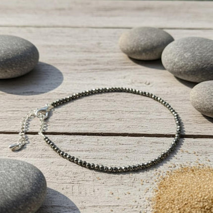 Genuine 2mm Pyrite Anklet: Dainty Faceted Crystal Ankle Bracelet for Abundance & Protection - Minimalist Boho Sparkle Jewelry - Perfect Spiritual Gift for Her Birthday Gift