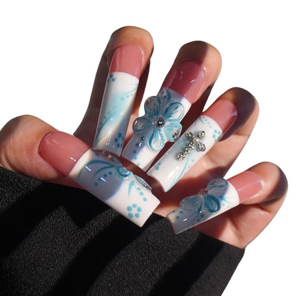 HAND-PAINTED White Press Ons Neon Small Press on Nails Long French Press on Nails Coffin Medium Short Nail art Fake Nail Art Kit with 7g Glue on Nails Handmade Almond Square Nails (TJ-8, Medium)