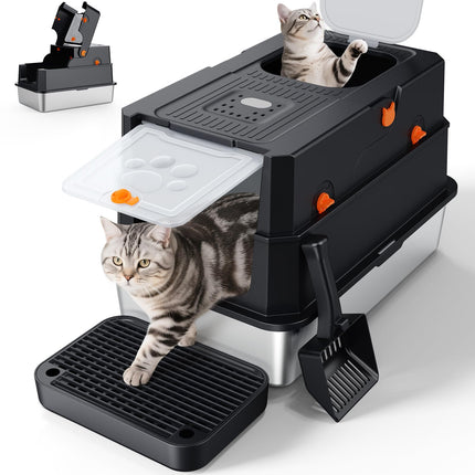 Stainless Steel Litter Box with Lid, Enclosed Metal Cat Litter Box