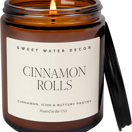 Sweet Water Decor Cinnamon Roll Candle - Fall Candle with Cinnamon, Icing & Buttery Pastry for Home - Soy Candles with 40 Hours Burn Time - 9Oz Black Lid Amber Jar Holiday Scents