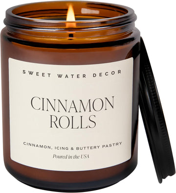 Cinnamon Roll Candle - Fall Candle with Cinnamon, Icing & Buttery Pastry for Home - Soy Candles with 40 Hours Burn Time - 9Oz Black Lid Amber Jar Holiday Scents