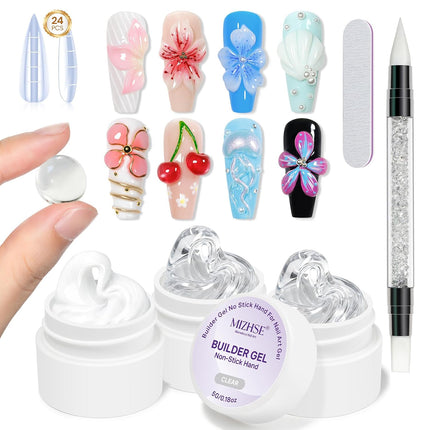 MIZHSE 3PCS 3D Sculpting Gel Nail Art, Clear White 5 in 1 Solid Builder Gel Set Hard Gel for Nails Non-Sticky U V LED Molding Building Gel with Dual Forms for Beginners DIY Salon Home DIY Manicure