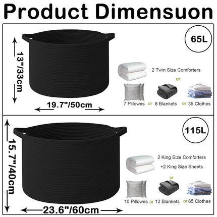 65L Extra Large Woven Cotton Rope Blanket Basket with Handles, Laundry Hamper Storage Bin for Pillows, Comforters,Clothes, Toys, Nursery, Bedroom and Living Room Organization,Black