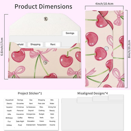 PU Leather Cash Envelopes Wallet, Reusable Money Savin Wallet, Cute Budget Envelope with 4 Dividers & 1 Sheets Budget Labels Cherry Ribbon Pattern