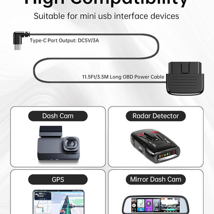 OBD OBD2 Power Cable for Dash Camera, OBDII to USB C Adapter Hardwire Kit 24 Hours Surveillance with Low Voltage Protection(11.6V Auto-Cutoff) for Dashcam, GPS, Radar, 12-36V to 5V/3A (3.5m/11.5ft)