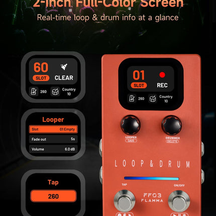 FLAMMA FF03 Looper Pedal Drum Machine, Drum Looper Guitar Pedal with LED Indicators, 160 Min Recording, 121 Drum Grooves, 40 Loop Slots, Undo/Redo, Fade Out, Sync Mode, USB & Headphone Out