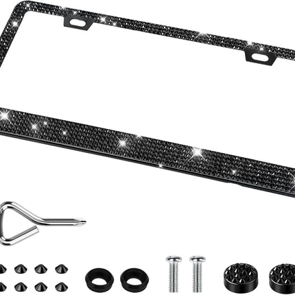 QUANQIUFEI Bling License Plate Frames for Women, Sparkly Rhinestone Diamond Car Accessories with Glitter Crystal Caps (1 Pack Black)