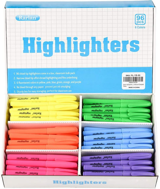 Chisel-Tip Highlighters, 96 Count, 6 Fluorescent Colors, Storage Box