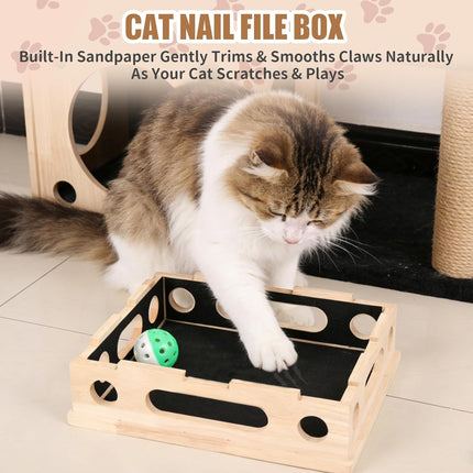 Cat Scratch Puzzle Enrichment Box, Smooth Solid Wood Cat Nail File Enrichment Box with Built-in Sandpaper, Cat Nail File Box Stress Free Alternative to Clippers & Grinders(No Bell Ball)