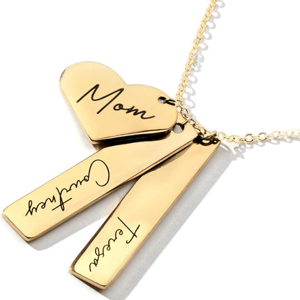 MignonandMignon Custom Name Bar Necklace with Heart Charm | Personalized Engraved Necklace for Women Gold Silver | Mom Necklace with Kids Names Mothers Day Birthday Gift