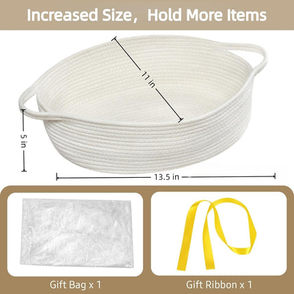 Optish Woven Basket, Gift Empty Basket with Bags and Ribbons, 13.5"x11"x5" Burr Rope Basket for Baby Shower, Durable Storage Basket with Handles for Nursery, Shelves, Toys, White