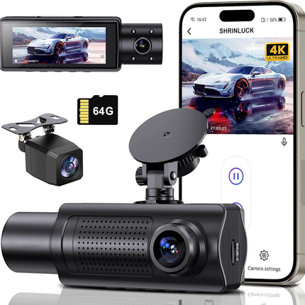 4K+1080P+1080P 5.8GHz WiFi Dash Cam Front and Rear Inside, Free 64G SD Card, 4K UHD 3 Channel Dash Camera for Cars, 360° All Sides Dashcam, G-Sensor, Night Vision, WDR, 24H Parking Monitor