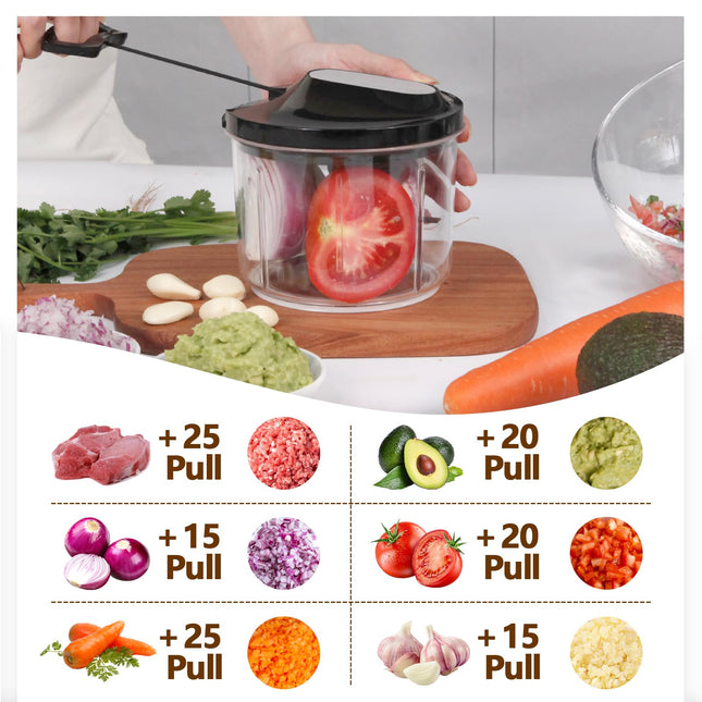 Manual Food Processor Large Vegetable Chopper, 1000ML Pull String Chopper Garlic Mincer Onion Cutter for Veggies,Salad,Fruits, Nuts, BPA Free, Black