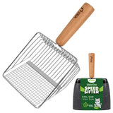 Cat Litter Scoop with Holder, Heavy Duty Litter Sifter, Stainless Steel Litter Shovel, Litter Scooper with Beech Wood Grip and Washable Stand, for Cat Litter Box Cleaning