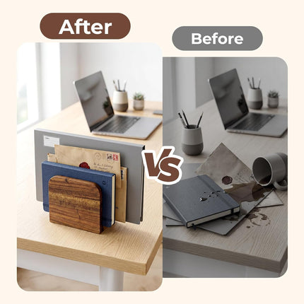 Acacia Wood Mail Organizer Countertop -Small Letter Holder for Desk, Rustic Farmhouse Decor, Upright Bill postcards, and notepads Stand for Entryway & Office