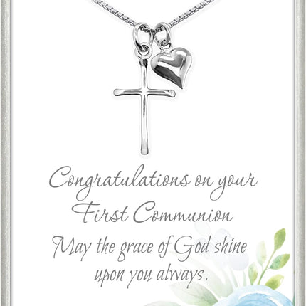 Alexandreasjewels Sterling Silver Cross Necklace for Girls, Sterling Silver Cross with Puffed Heart Charm, First Communion Gift Necklace for Daughter, Goddaughter Gift Necklace