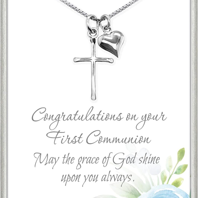 Sterling Silver Cross Necklace for Girls with Puffed Heart Charm