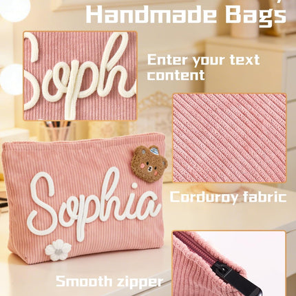 Personalized Corduroy Bag for Girls Women with FREE NAME, Custom Cute Makeup Bags, Travel Toiletry Organizer Pouch, Birthday, Bachelorette Mothers' Day Gift