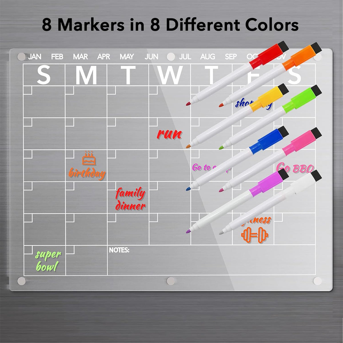 Acrylic Magnetic Dry Erase Fridge Calendar, Clear Monthly Planner Whiteboard, 15 x 11 in, with 8 Color - photo 4