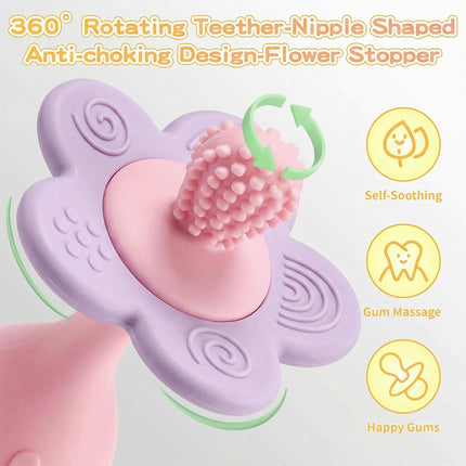 Baby Silicone Flower Teether & Rattle Toys for Babies 0-24 Months, Nipple-Shaped End for Sucking Needs - 360° Toothbrush Teether Head for Sore Gums, Stand-up Base, Flower Texture, Easy to Grip -Pink
