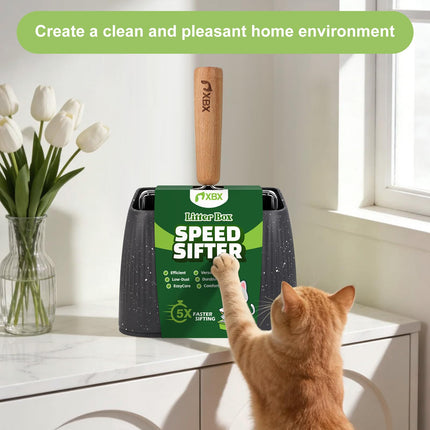 Pala para arena de gato con soporte, cernidor resistente, pala de acero inoxidable, mango de madera de haya y base lavable, para limpiar el arenero