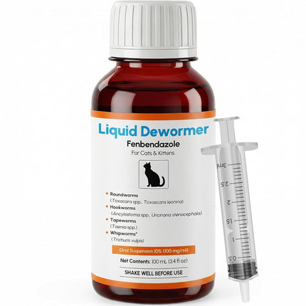 Dewormer for Cats & Kittens Fenbendazole Liquid - Broad Spectrum Suspension - Easy to Mix with Food - Removes Roundworm, Hookworm, Tapeworm - Includes 3ml Dosing Syringe (100ml)