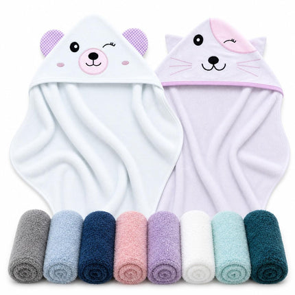 2 Pack Hooded Baby Towel Rayon Made from Bamboo and 8 Washcloths - Lovely Elephant, Happy Bird