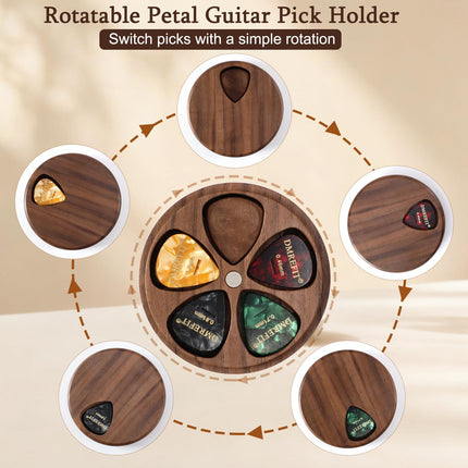 Walnut Wood Guitar Pick Holder with 26 Guitar Picks & Greeting Card