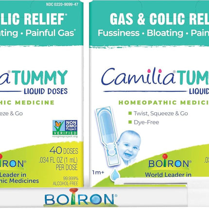 Boiron Camilia Tummy Drops 40 Count (Pack of 2) Bundle with Pen for Colic, Painful Gas, Bloating, & Fussiness - Sterile and Non-Drowsy Liquid Doses