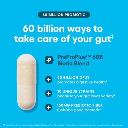 Probiotics 60 Billion CFU 10 Strains Prebiotics bottle side label detail 30ct
