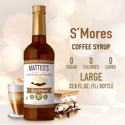 Matteo's S'mores Syrup for Coffee, Lattes, Cappuccinos & Desserts – Sugar-Free Sweetener for Beverages, Keto Friendly, Zero Calories, Indulgent Flavor, Non-Alcoholic, Ideal for Hot Drinks 33.8oz (1pk)