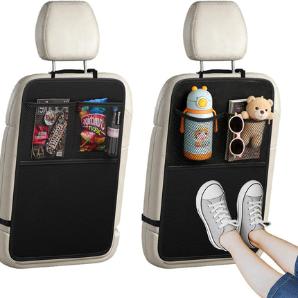 Car Back Seat Protector, 2-Pack Black Waterproof Kick Mats with Custom Storage Pockets, Universal Fit 600D Oxford Fabric Backseat Covers, X-Large Size with Zipper Storage Bag