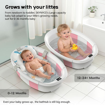 Collapsible Baby Bathtub for Newborn to Toddlers 0-36 Months, Large Baby Tub with Thermometer & Cushion, Easy Setup Foldable Travel Infant Bathtub, Newborn Babies Boy Girl Bath Tubs Pink