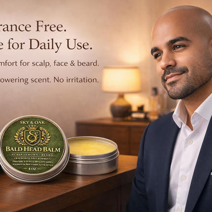 Bald Head Balm for Men – All-in-One Daily Care for Scalp, Face & Beard – Fragrance Free Balm with Jojoba, Sweet Almond, Coconut Oil, Vitamin E & Shea Butter – 4 oz
