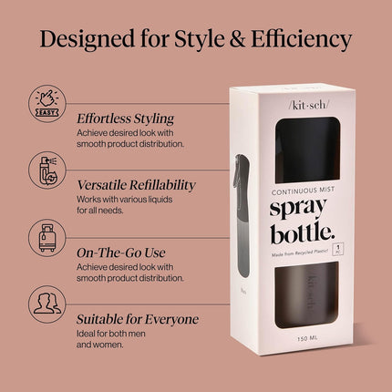 Kitsch Continuous Spray Bottle for Hair – Fine Mist Water Mister & Water Spray Bottle – Recycled Hair Spray Bottle – Spray Bottles for Cleaning, Styling, Plants & More – Black, 150ml