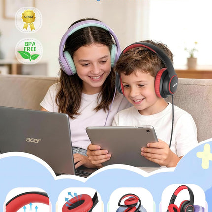 acer Kids Headphones Wired for School - Over Ear Design, 85/94dB Safe Volume Limit, 3.5mm Jack Foldable Headphones for Toddler Boys Girls Classroom Yoto Player Chromebook Travel Black Red