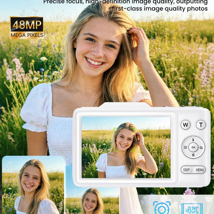 Digital Camera 4K Autofocus Vlogging Camera for Photography with 16X Zoom Anti Shake, 32GB Card, 48MP Compact Portable Point and Shoot Camera for Kids Boys Girls Teens Beginner（White）