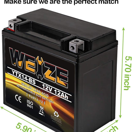YTX14 BS ATV Battery High Performance - Maintenance Free - Sealed AGM YTX14-BS Motorcycle Battery compatible with Honda Suzuki Kawasaki Yamaha scooter snowmobile