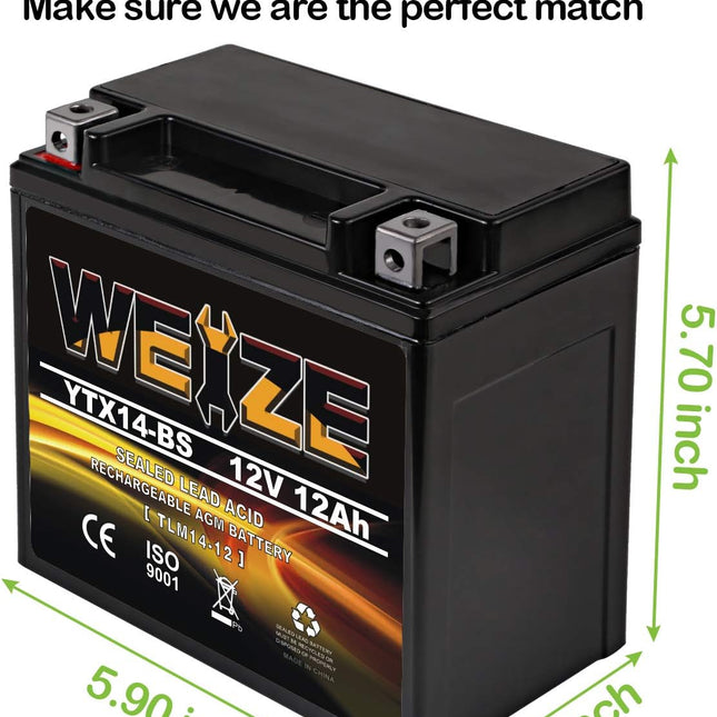 YTX14 BS ATV Battery High Performance - Maintenance Free - Sealed AGM YTX14-BS Motorcycle Battery compatible with Honda Suzuki Kawasaki Yamaha scooter snowmobile