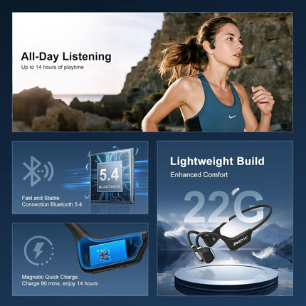 Open Ear Headphones, Running Headphones Bluetooth 5.4 with Built-in Mic, 22g Lightweight Comfort, 14H Battery & IPX5 Waterproof Sports Bone Conduction Headphones for Running, Cycling, Gym, Walking