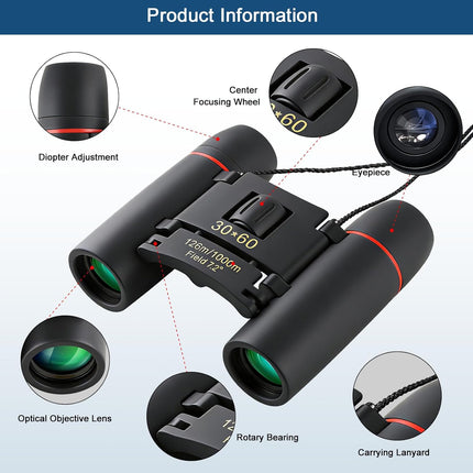 30x60 Mini Compact Binoculars for Adults Kids, HD Portable Waterproof Pocket Binoculars, Lightweight Folding Easy Focus for Bird Watching, Hunting, Concert, Theater, Travel Hiking Outdoor Sports