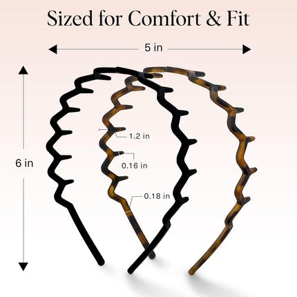 Kitsch Zig Zag Headbands for Women – Fashion Accessories for Slicked Back Styles - Comfortable Wavy Headbands | Comb Headband with Teeth | Ideal Gifts for Women - Black and Tortoise - 2 pcs