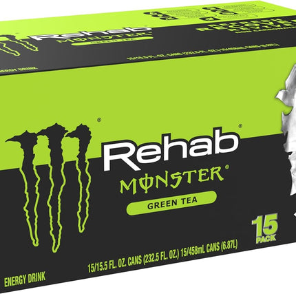Monster Energy Rehab Green Tea + Energy, Energy Drink 15.5 Ounce | Energy Iced Tea, Pack of 15