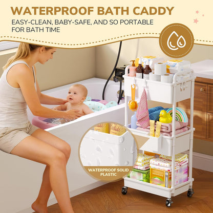 3-Tier White Rolling Diaper Cart with Lockable Wheels - photo 3